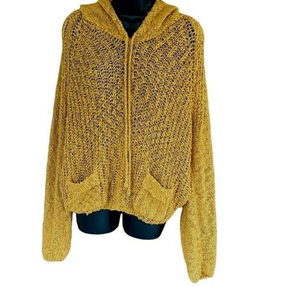 YA Los Angeles‎ Mustard Gold Open Knit Pocket Swim Cover Pullover Hoodie — SZ L - Picture 1 of 10